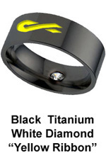 Black Titanium Military Ring with engraved Yellow Ribbon and a white Diamond to Support our Troops in Iraq or Afghanistan